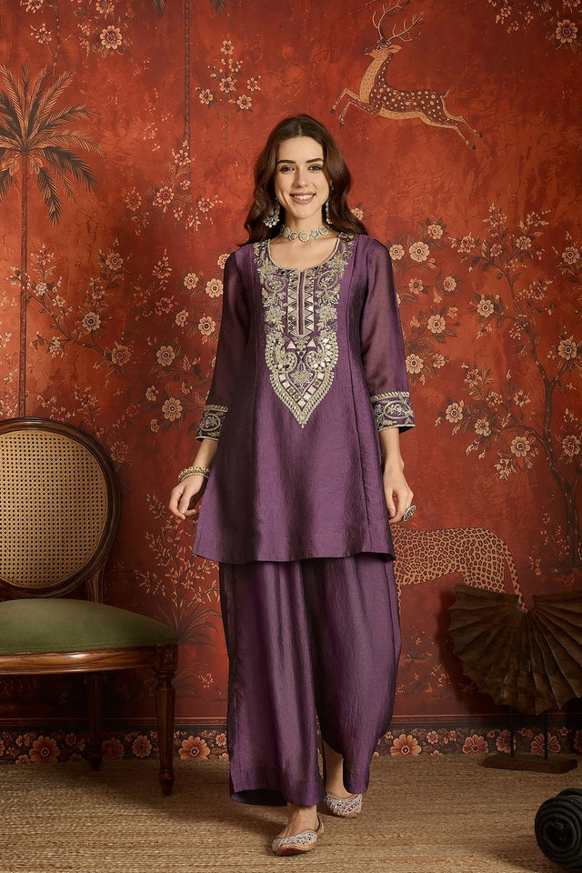 Purple Mirror Sequin with Embroidered Silk Palazzo Suit (ACB1725)