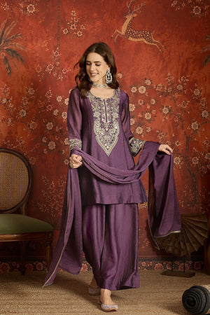 Purple Mirror Sequin with Embroidered Silk Palazzo Suit (ACB1725)