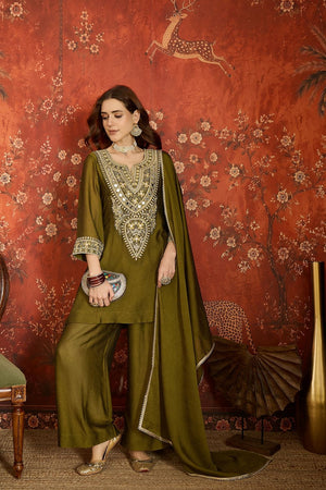 Green Mirror Sequin with Embroidered Silk Palazzo Suit (ACB1726)