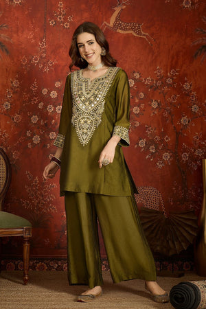 Green Mirror Sequin with Embroidered Silk Palazzo Suit (ACB1726)