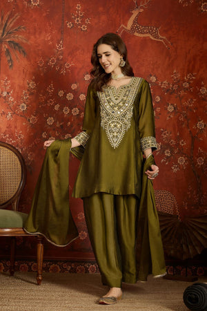 Green Mirror Sequin with Embroidered Silk Palazzo Suit (ACB1726)