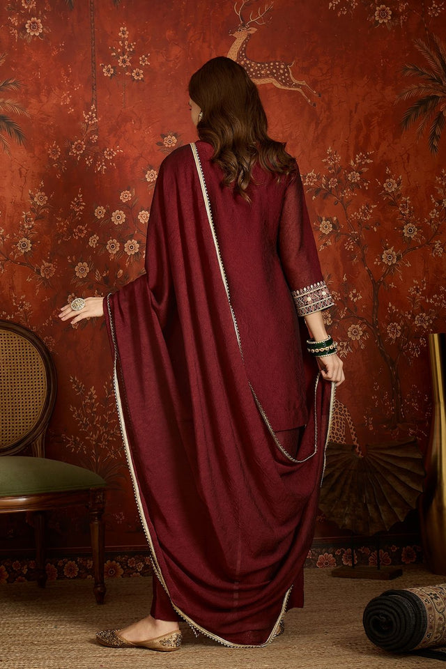 Maroon Mirror Sequin with Embroidered Silk Palazzo Suit (ACB1727)