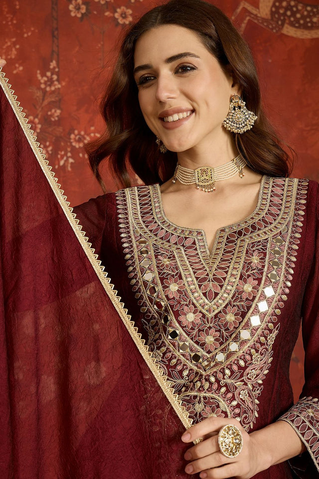 Maroon Mirror Sequin with Embroidered Silk Palazzo Suit (ACB1727)