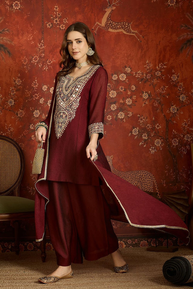 Maroon Mirror Sequin with Embroidered Silk Palazzo Suit (ACB1727)