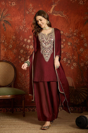 Maroon Mirror Sequin with Embroidered Silk Palazzo Suit (ACB1727)