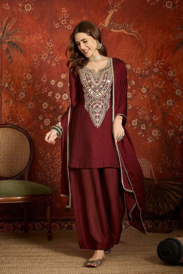 Maroon Mirror Sequin with Embroidered Silk Palazzo Suit (ACB1727)
