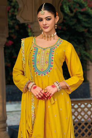 Yellow Embroidered Chinon Sharara Suit (ACB1728)