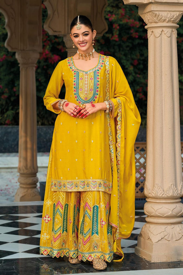 Yellow Embroidered Chinon Sharara Suit (ACB1728)