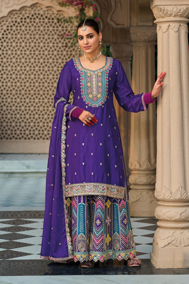 Purple Embroidered Chinon Sharara Suit (ACB1729)