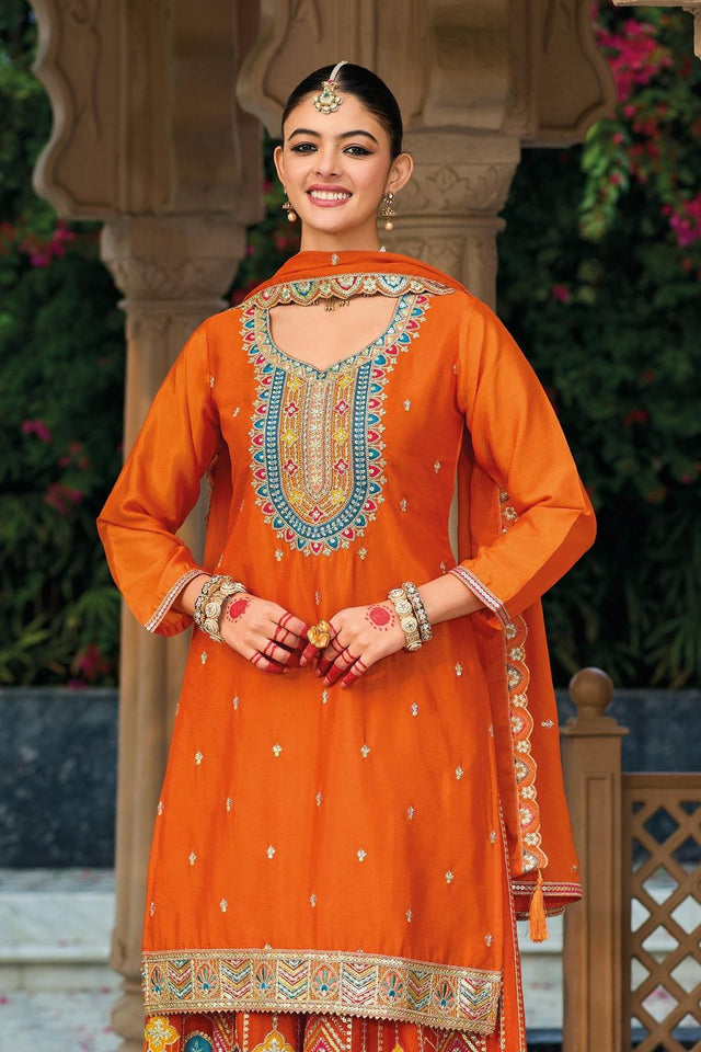 Orange Embroidered Chinon Sharara Suit (ACB1731)