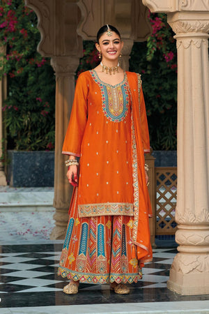 Orange Embroidered Chinon Sharara Suit (ACB1731)