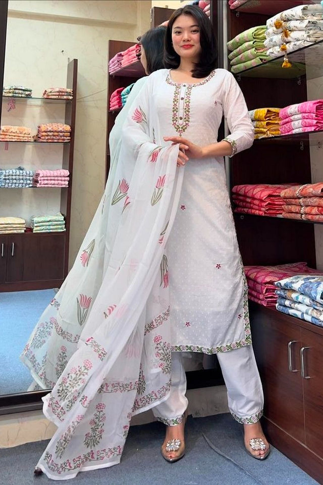 Off White Embroidered Georgette Straight Cut Suit (ACB1750)