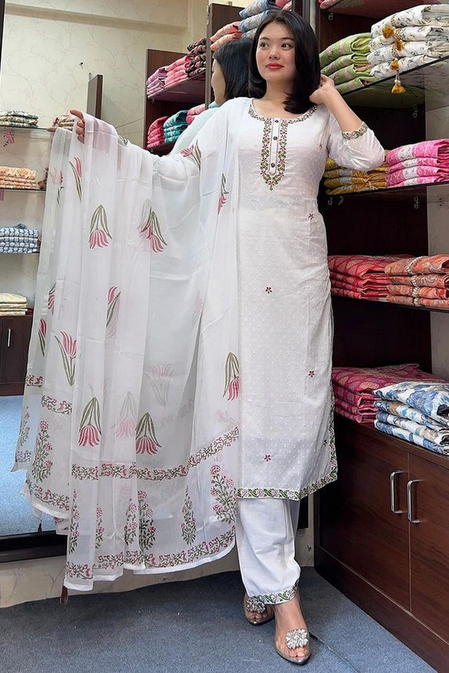 Off White Embroidered Georgette Straight Cut Suit (ACB1750)