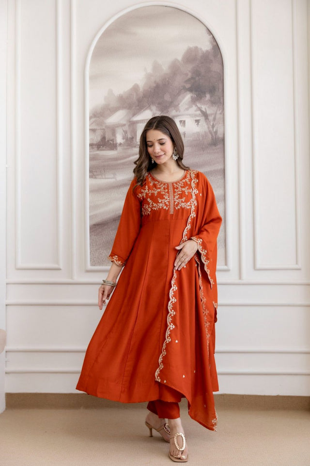 Rust Embroidered Silk Anarkali Suit (ACB1752)