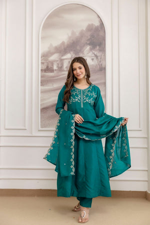 Turquoise Embroidered Silk Anarkali Suit (ACB1754)