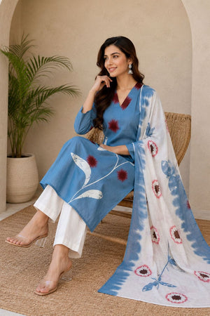 Blue Floral Printed  Linen Straight Cut Suit (ACB1755)