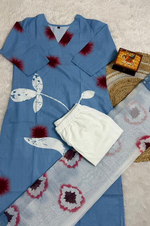 Blue Floral Printed  Linen Straight Cut Suit (ACB1755)