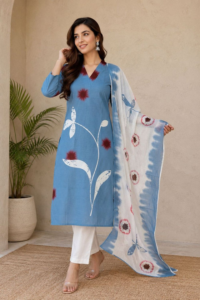 Blue Floral Printed  Linen Straight Cut Suit (ACB1755)