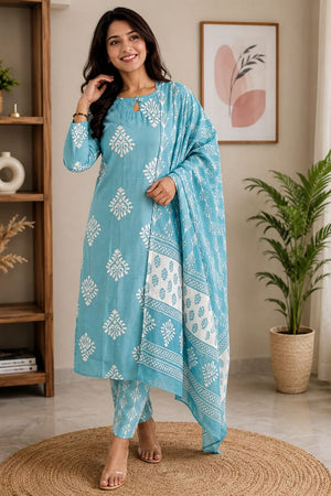 Blue Printed  Rayon Straight Cut Suit (ACB1756)
