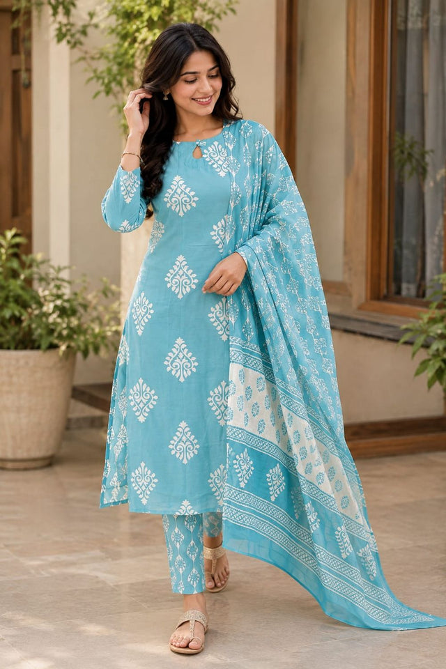 Blue Printed  Rayon Straight Cut Suit (ACB1756)