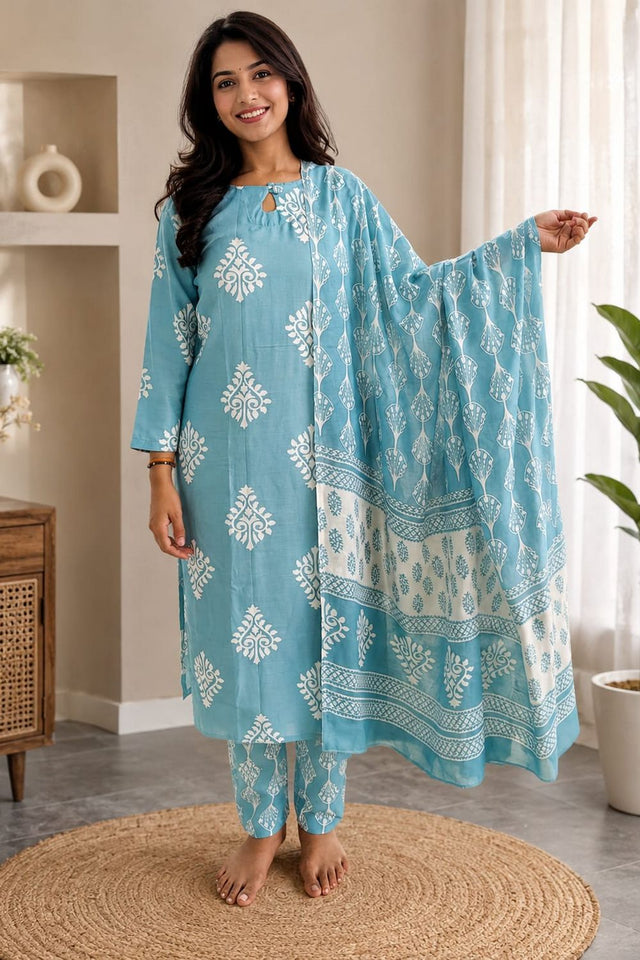 Blue Printed  Rayon Straight Cut Suit (ACB1756)