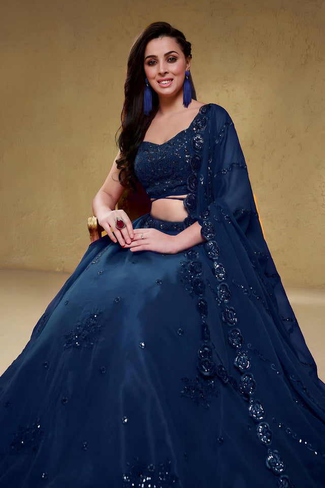 Blue Sequin with Floral Embroidered Georgette Lehenga (ACB1769)