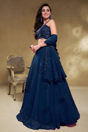 Blue Sequin with Floral Embroidered Georgette Lehenga (ACB1769)