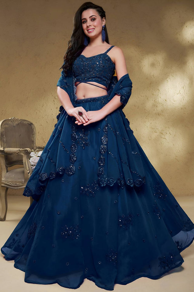 Blue Sequin with Floral Embroidered Georgette Lehenga (ACB1769)
