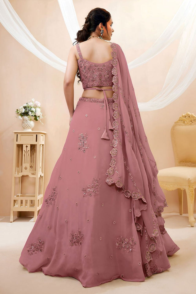 Peach Sequin with Floral Embroidered Georgette Lehenga (ACB1770)