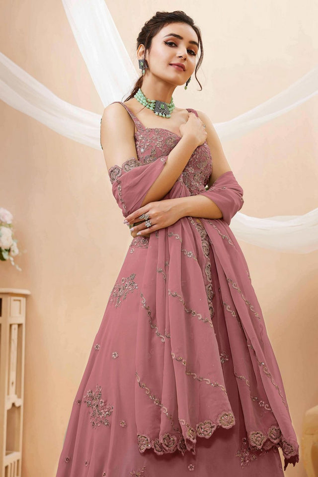 Peach Sequin with Floral Embroidered Georgette Lehenga (ACB1770)
