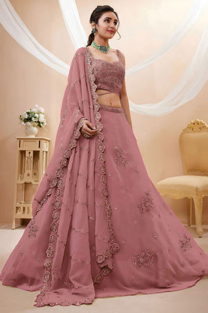Peach Sequin with Floral Embroidered Georgette Lehenga (ACB1770)