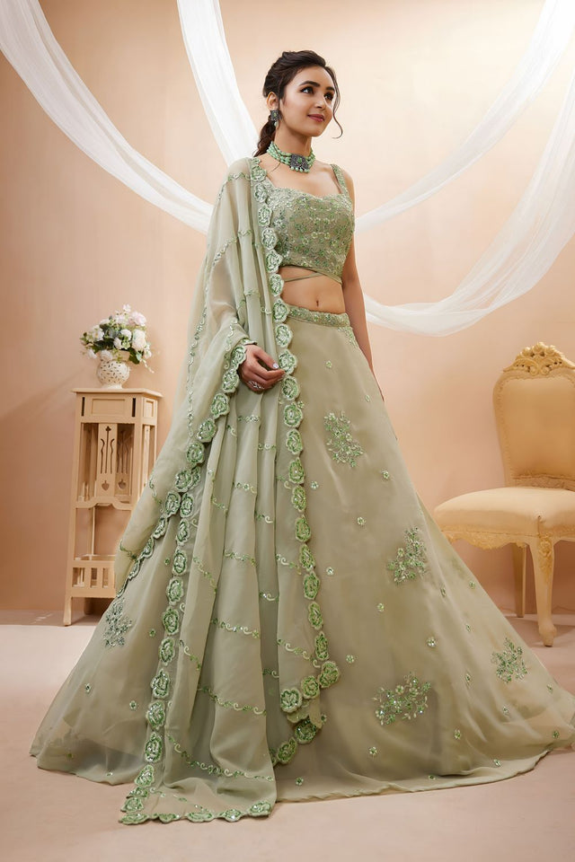 Pista Sequin with Floral Embroidered Georgette Lehenga (ACB1772)