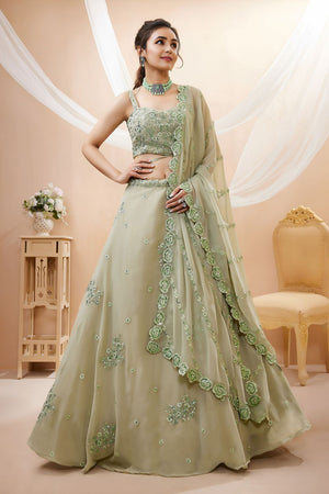 Pista Sequin with Floral Embroidered Georgette Lehenga (ACB1772)
