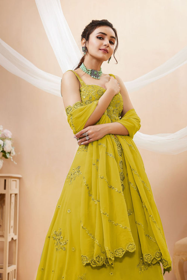 Yellow Sequin with Floral Embroidered Georgette Lehenga (ACB1773)