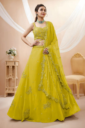 Yellow Sequin with Floral Embroidered Georgette Lehenga (ACB1773)