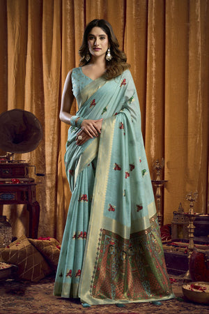 Blue Woven Cotton Saree (ACB1803)