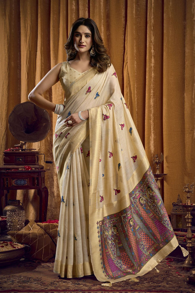 Cream Woven Cotton Saree (ACB1805)