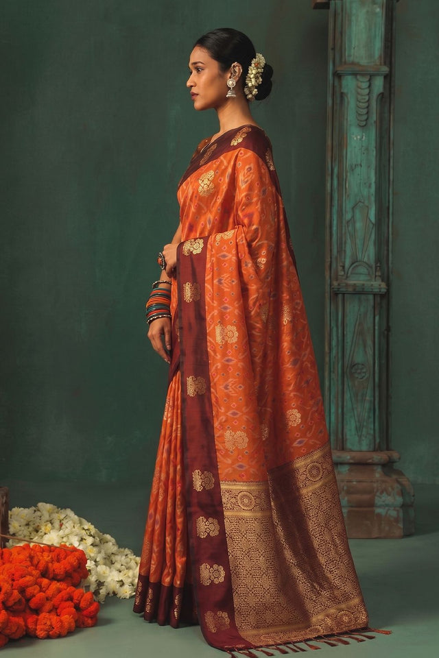 Orange Woven Silk Saree (ACB1823)