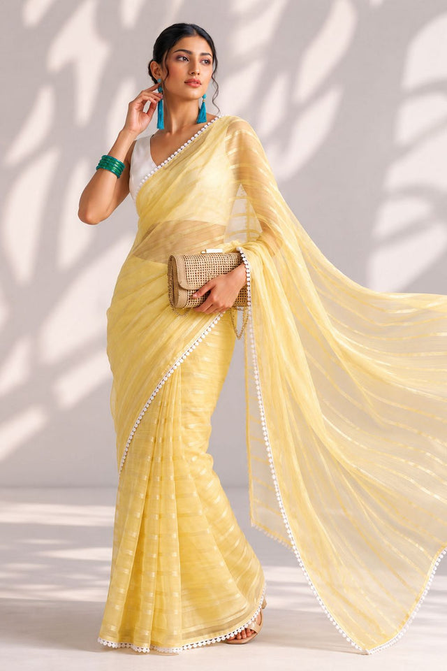 Yellow Woven with Lace Border Chiffon Ready to Wear Saree (ACB1825)