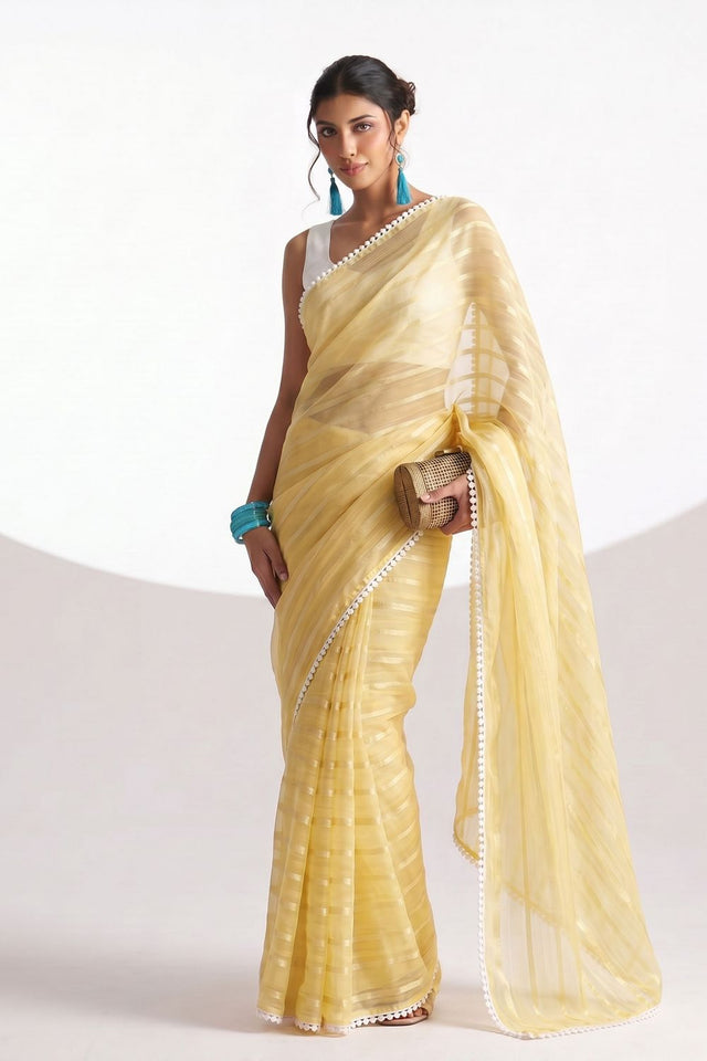 Yellow Woven with Lace Border Chiffon Ready to Wear Saree (ACB1825)