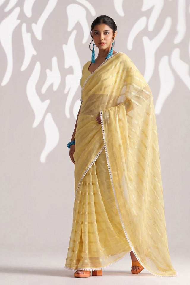 Yellow Woven with Lace Border Chiffon Ready to Wear Saree (ACB1825)