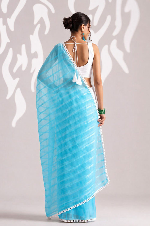 Blue Woven with Lace Border Chiffon Ready to Wear Saree (ACB1826)