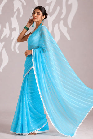 Blue Woven with Lace Border Chiffon Ready to Wear Saree (ACB1826)