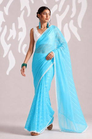 Blue Woven with Lace Border Chiffon Ready to Wear Saree (ACB1826)