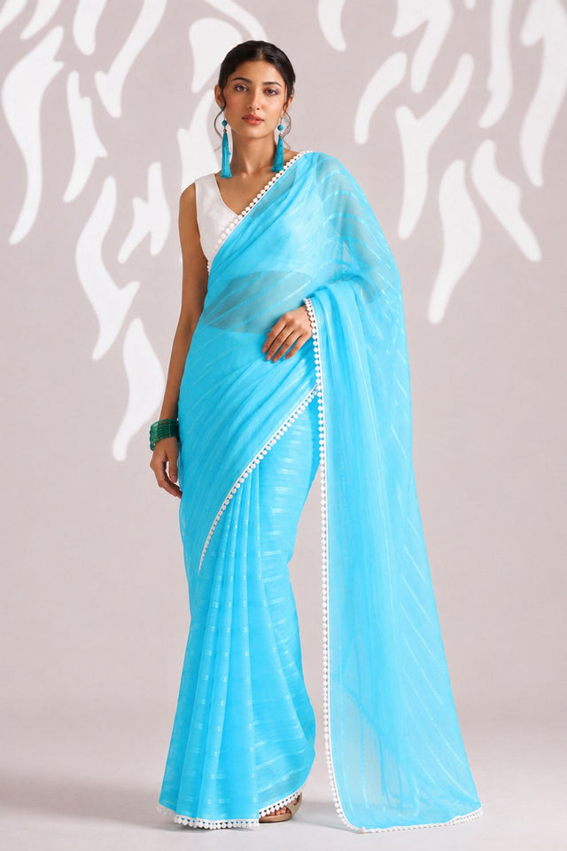 Blue Woven with Lace Border Chiffon Ready to Wear Saree (ACB1826)