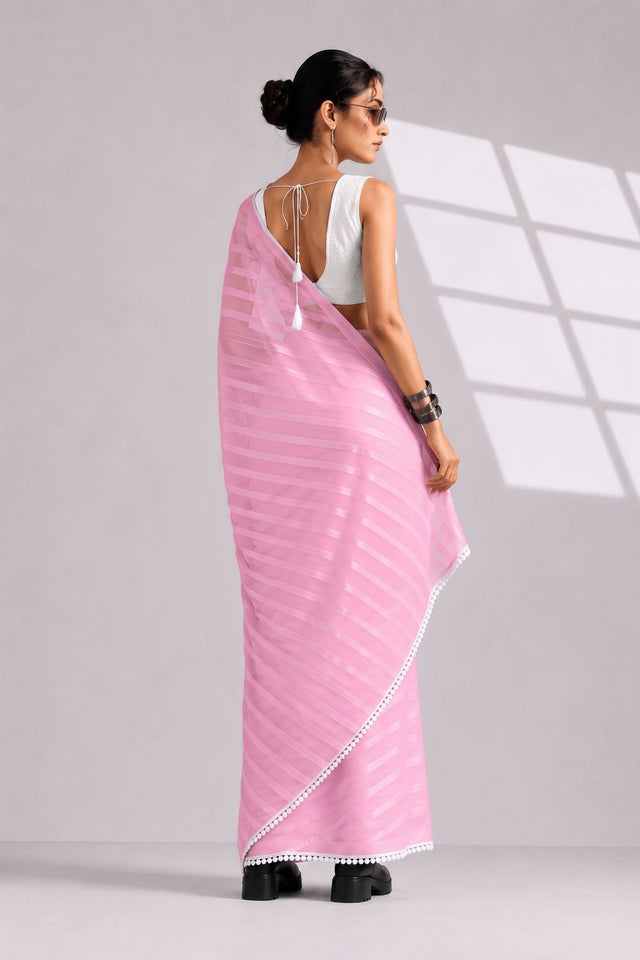 Pink Woven with Lace Border Chiffon Ready to Wear Saree (ACB1827)