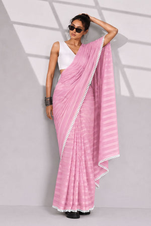 Pink Woven with Lace Border Chiffon Ready to Wear Saree (ACB1827)