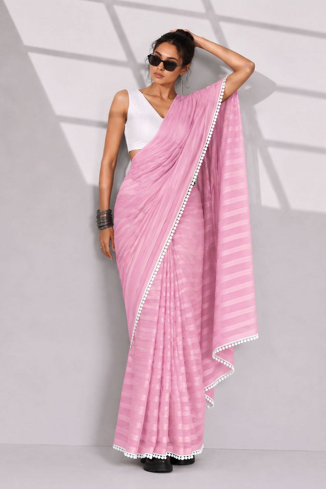 Pink Woven with Lace Border Chiffon Ready to Wear Saree (ACB1827)