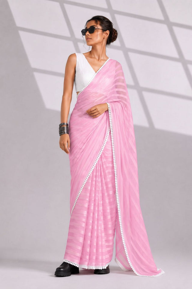 Pink Woven with Lace Border Chiffon Ready to Wear Saree (ACB1827)
