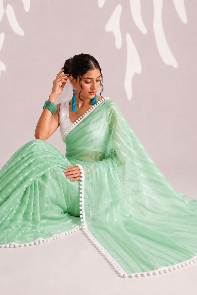Green Woven with Lace Border Chiffon Ready to Wear Saree (ACB1828)